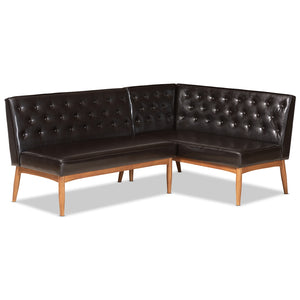 Baxton Studio Riordan Mid-Century Modern Dark Brown Faux Leather Upholstered And Walnut Brown Finished Wood 2-Piece Dining Nook Banquette Set