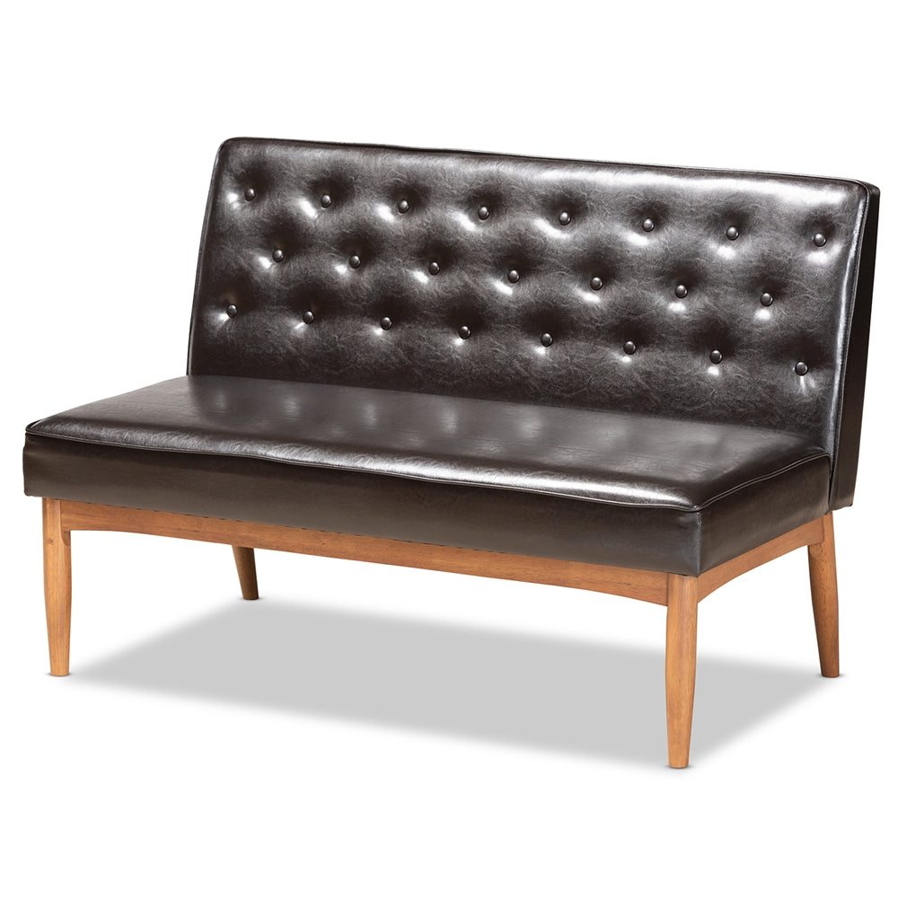 Baxton Studio Riordan Mid-Century Modern Dark Brown Faux Leather Upholstered And Walnut Brown Finished Wood 2-Piece Dining Nook Banquette Set