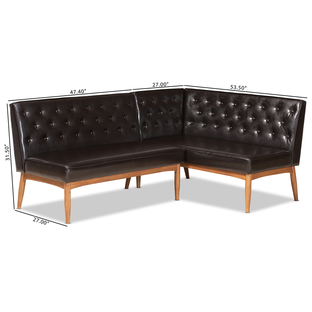 Baxton Studio Riordan Mid-Century Modern Dark Brown Faux Leather Upholstered And Walnut Brown Finished Wood 2-Piece Dining Nook Banquette Set