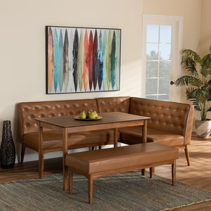 Baxton Studio Riordan Mid-Century Modern Tan Faux Leather Upholstered And Walnut Brown Finished Wood 4-Piece Dining Nook Set