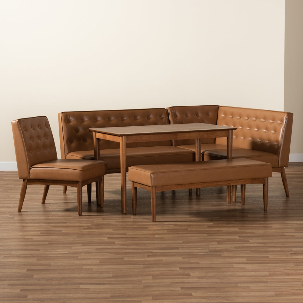 Baxton Studio Riordan Mid-Century Modern Tan Faux Leather Upholstered And Walnut Brown Finished Wood 5-Piece Dining Nook Set