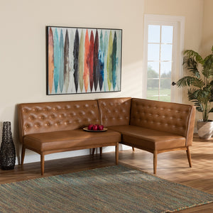 Baxton Studio Riordan Mid-Century Modern Tan Faux Leather Upholstered And Walnut Brown Finished Wood 2-Piece Dining Nook Banquette Set