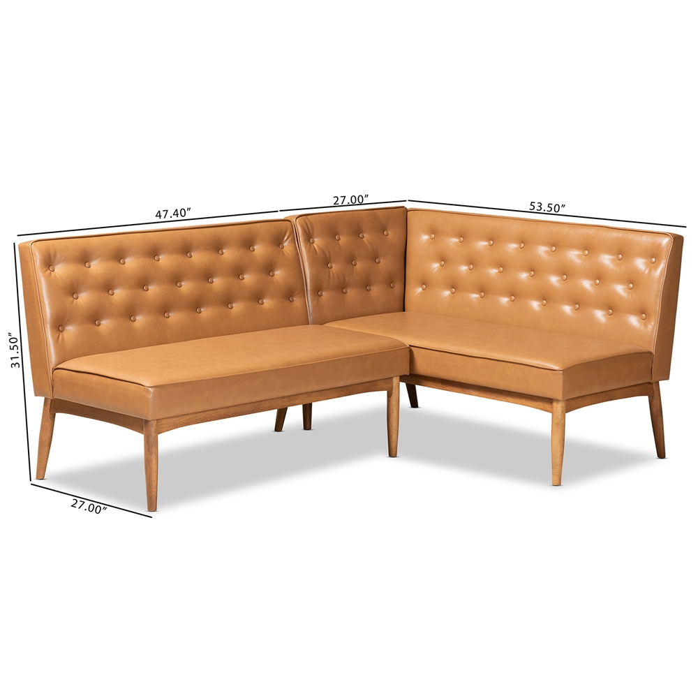 Baxton Studio Riordan Mid-Century Modern Tan Faux Leather Upholstered And Walnut Brown Finished Wood 2-Piece Dining Nook Banquette Set