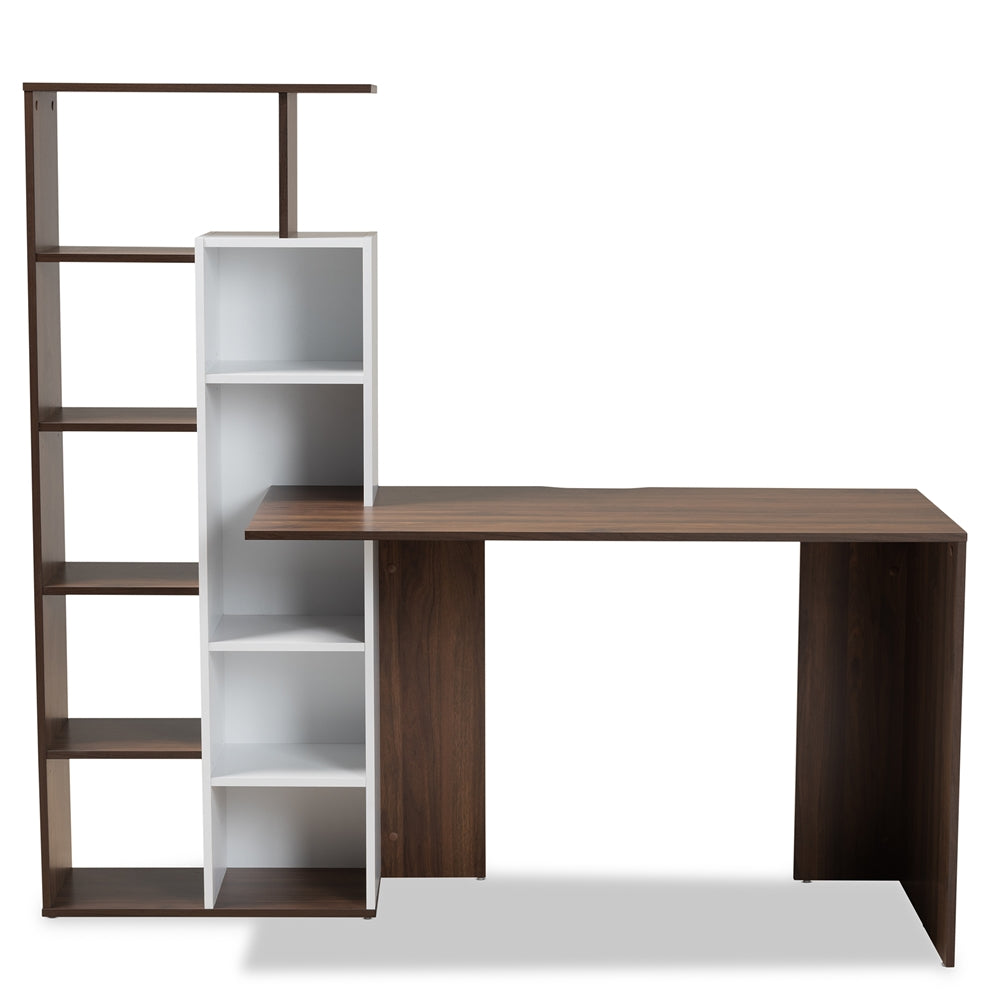 Baxton Studio Rowan Modern And Contemporary Two-Tone White And Walnut Brown Finished Wood Storage Computer Desk With Shelves