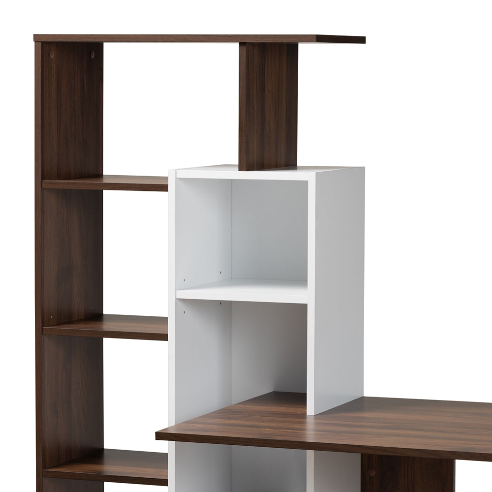 BAXTON STUDIO ROWAN MODERN AND CONTEMPORARY TWO-TONE WHITE AND WALNUT BROWN FINISHED WOOD STORAGE COMPUTER DESK WITH SHELVES