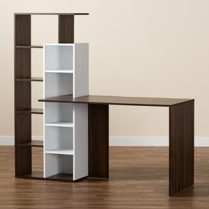 Baxton Studio Rowan Modern And Contemporary Two-Tone White And Walnut Brown Finished Wood Storage Computer Desk With Shelves