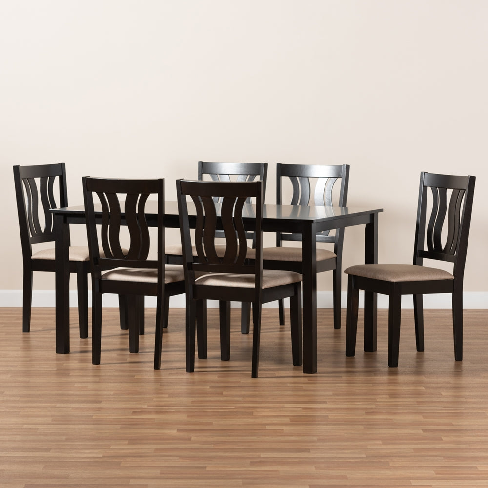 Baxton Studio Fenton Modern And Contemporary Sand Fabric Upholstered And Dark Brown Finished Wood 7-Piece Dining Set