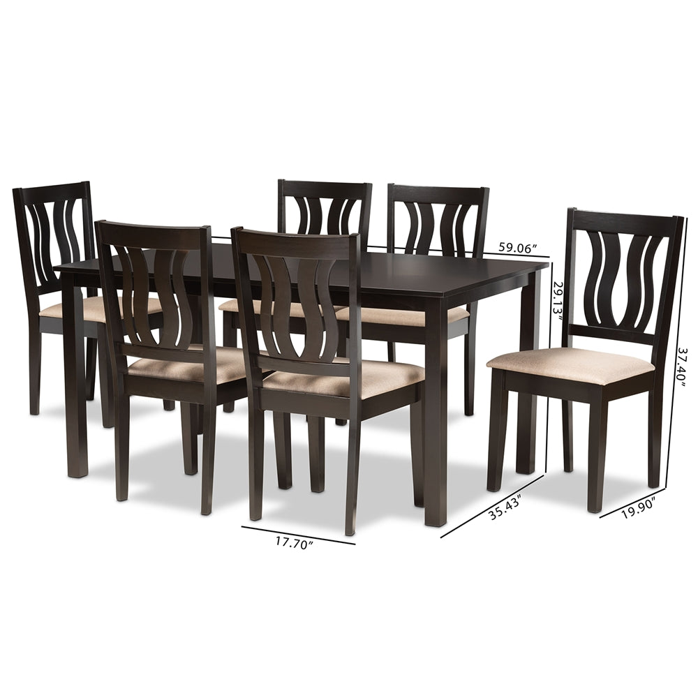 Baxton Studio Fenton Modern And Contemporary Sand Fabric Upholstered And Dark Brown Finished Wood 7-Piece Dining Set