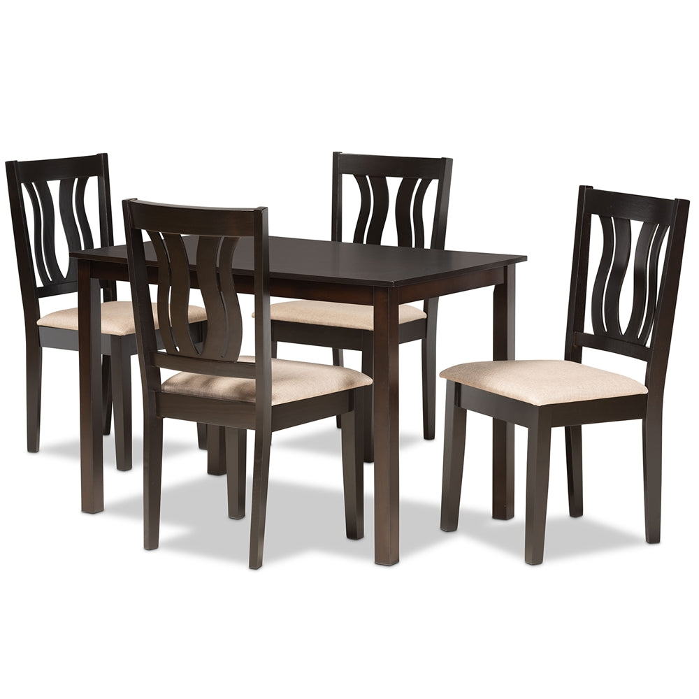 Baxton Studio Fenton Modern And Contemporary Sand Fabric Upholstered And Dark Brown Finished Wood 5-Piece Dining Set