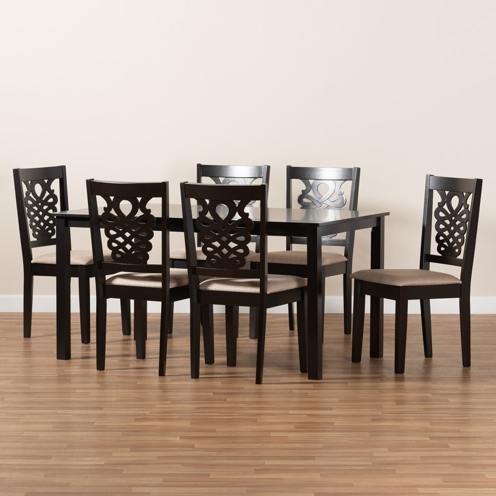 Baxton Studio Gervais Modern And Contemporary Sand Fabric Upholstered And Dark Brown Finished Wood 7-Piece Dining Set