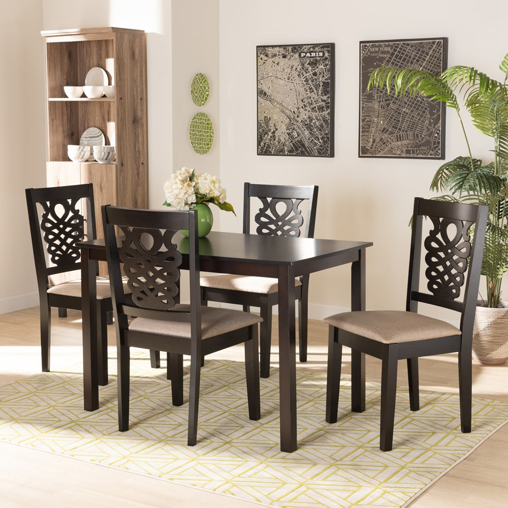 Baxton Studio Gervais Modern And Contemporary Sand Fabric Upholstered And Dark Brown Finished Wood 5-Piece Dining Set