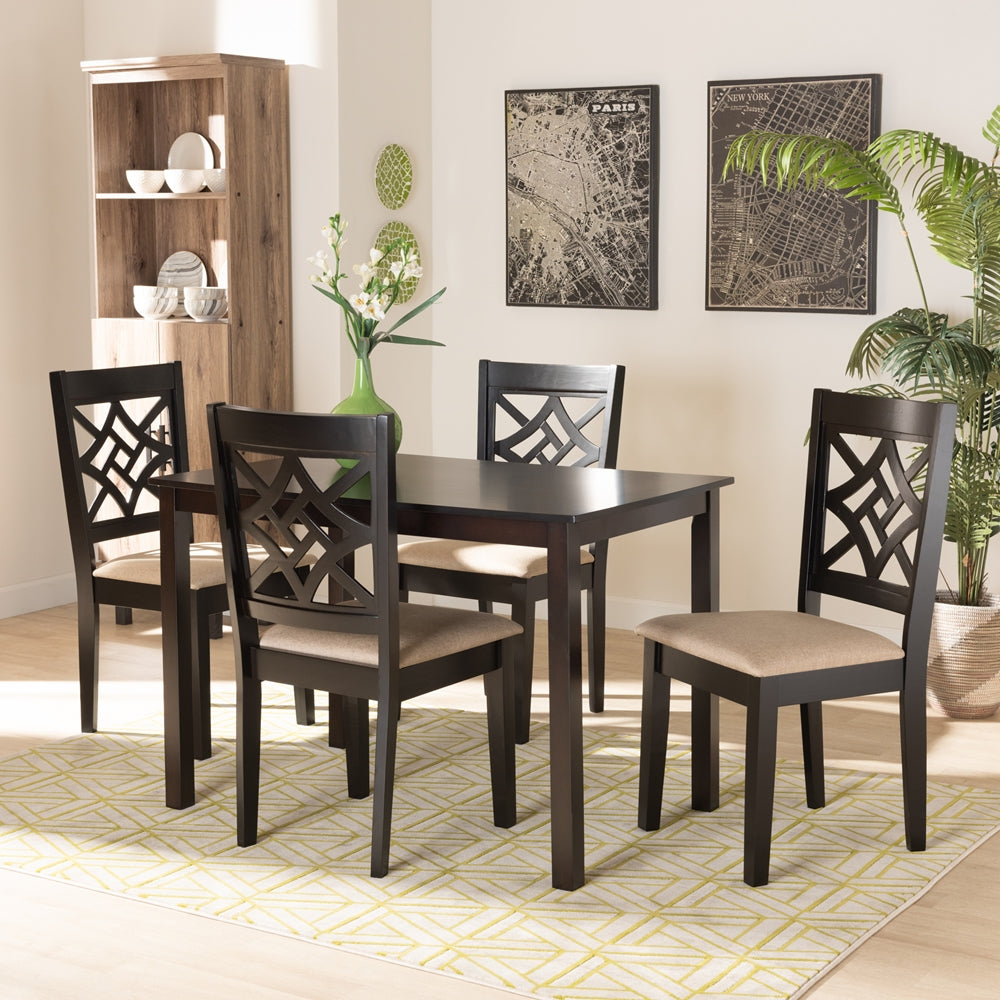 Baxton Studio Nicolette Modern And Contemporary Sand Fabric Upholstered And Dark Brown Finished Wood 5-Piece Dining Set