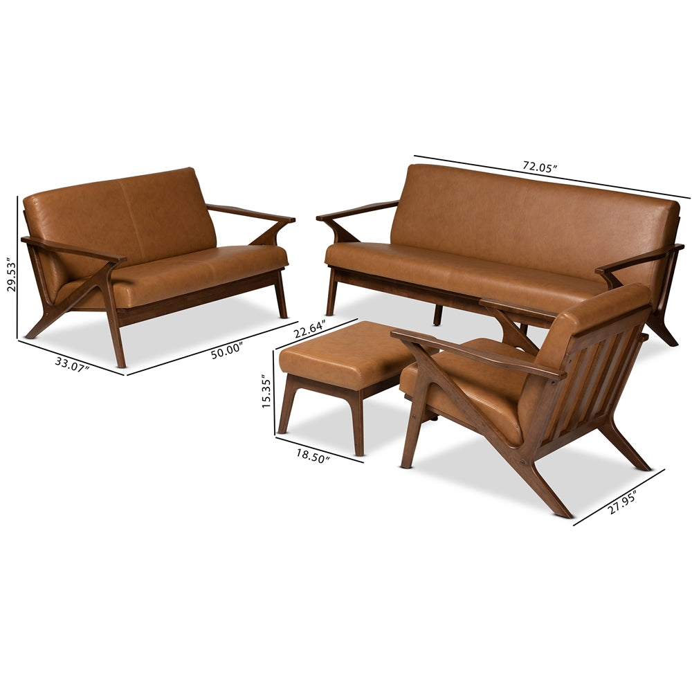 Baxton Studio Bianca Mid-Century Modern Walnut Brown Finished Wood And Tan Faux Leather Effect 4-Piece Living Room Set