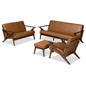 Baxton Studio Bianca Mid-Century Modern Finished Wood and Tan Faux Leather Effect 4-Piece Living Room Set