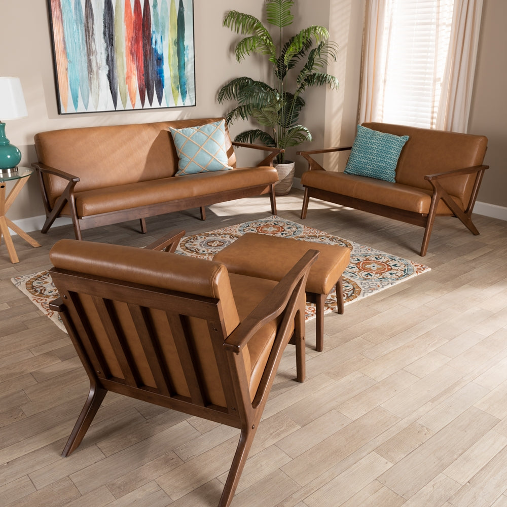 Baxton Studio Bianca Mid-Century Modern Walnut Brown Finished Wood And Tan Faux Leather Effect 4-Piece Living Room Set