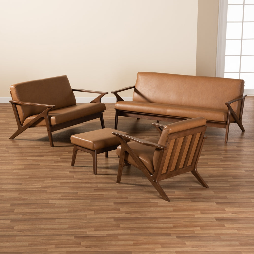 Baxton Studio Bianca Mid-Century Modern Walnut Brown Finished Wood And Tan Faux Leather Effect 4-Piece Living Room Set