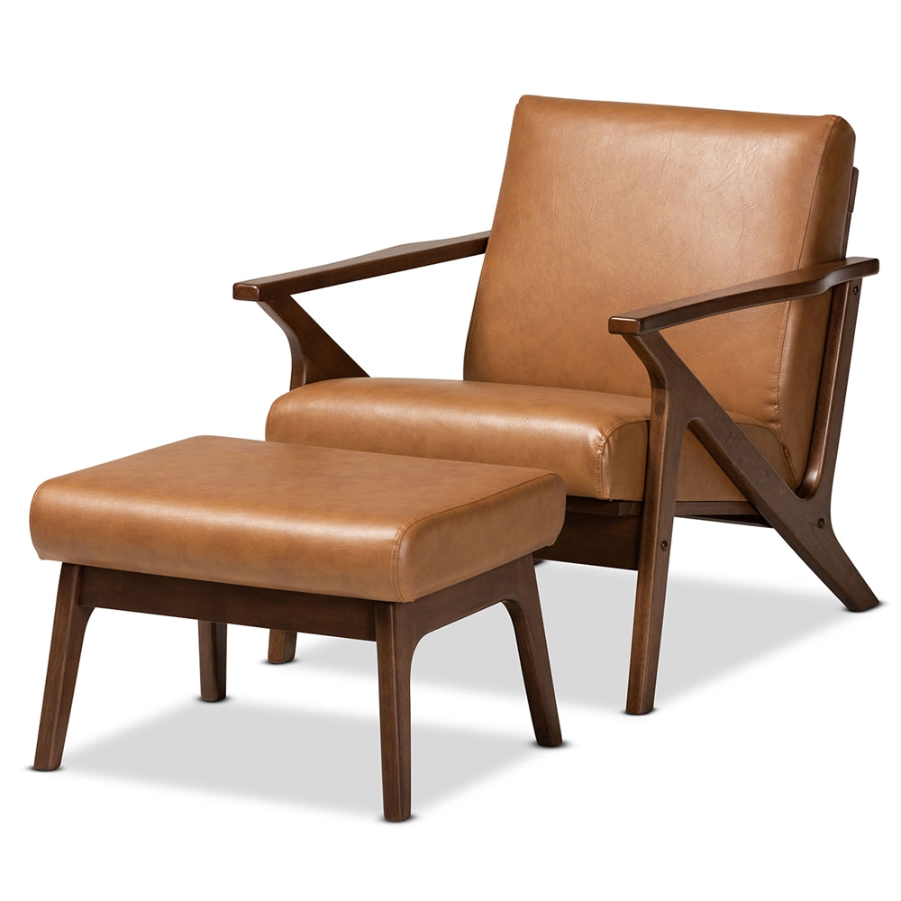 Baxton Studio Bianca Mid-Century Modern Finished Wood and Tan Faux Leather Effect 2-Piece Lounge chair and Ottoman Set