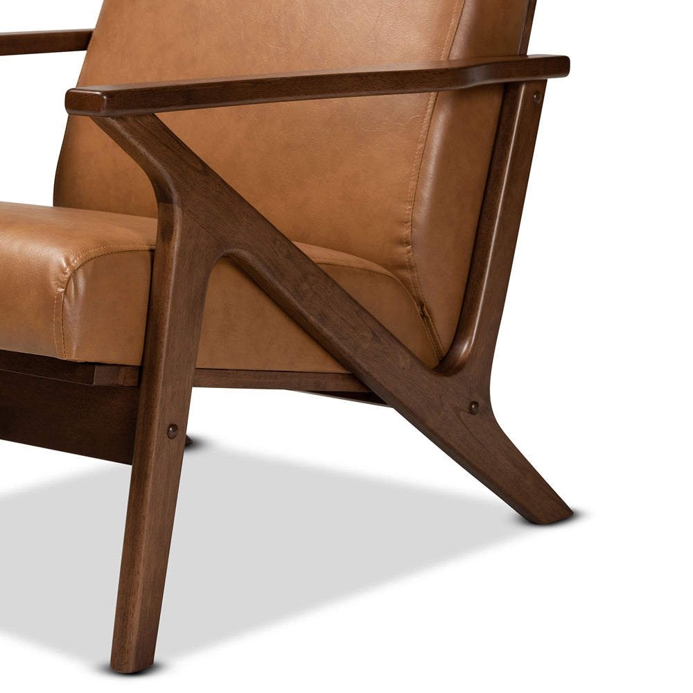 BAXTON STUDIO BIANCA MID-CENTURY MODERN WALNUT BROWN FINISHED WOOD AND TAN FAUX LEATHER EFFECT LOUNGE CHAIR