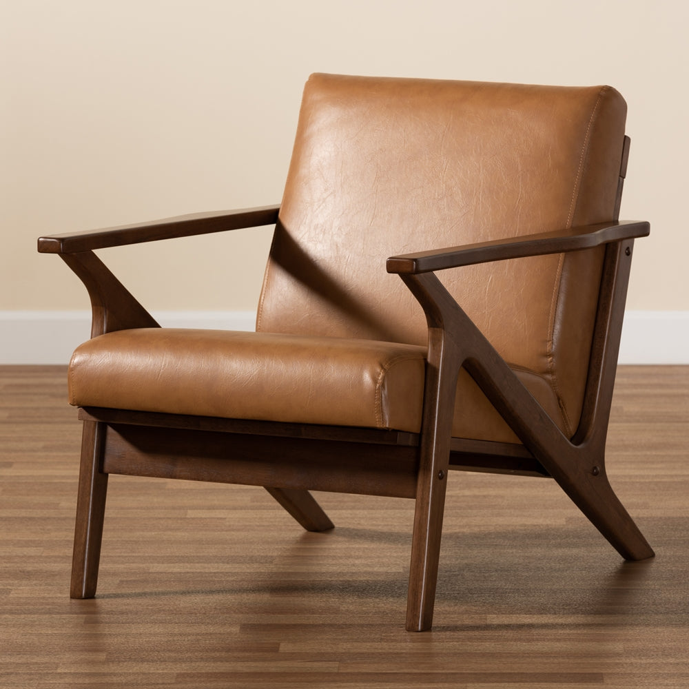 Baxton Studio Bianca Mid-Century Modern Walnut Brown Finished Wood And Tan Faux Leather Effect Lounge Chair