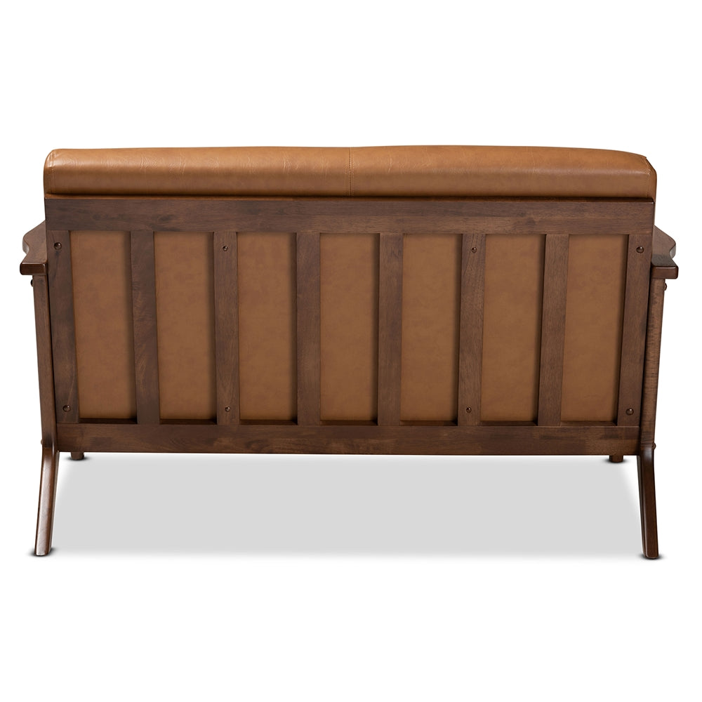 Baxton Studio Bianca Mid-Century Modern Walnut Brown Finished Wood And Tan Faux Leather Effect Loveseat