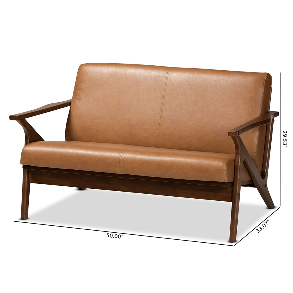 Baxton Studio Bianca Mid-Century Modern Walnut Brown Finished Wood And Tan Faux Leather Effect Loveseat