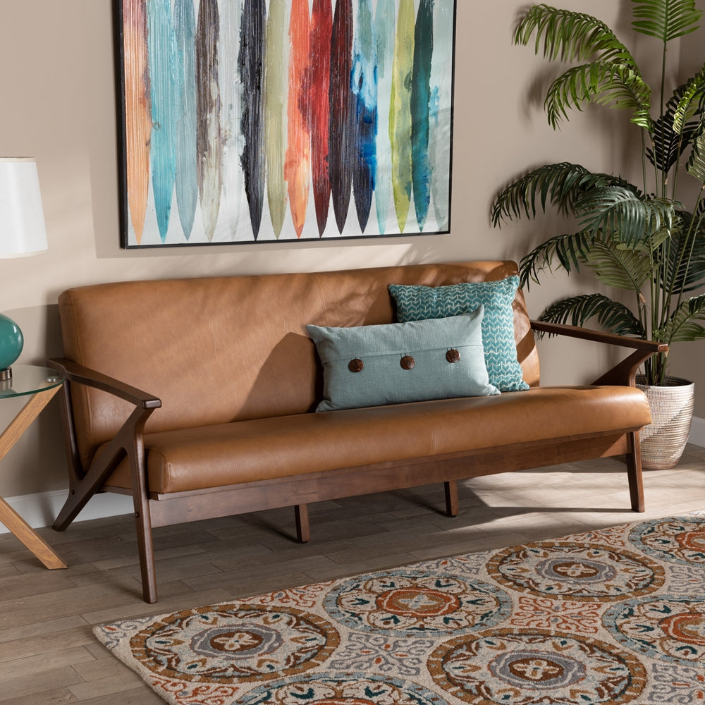 Baxton Studio Bianca Mid-Century Modern Walnut Brown Finished Wood And Tan Faux Leather Effect Sofa