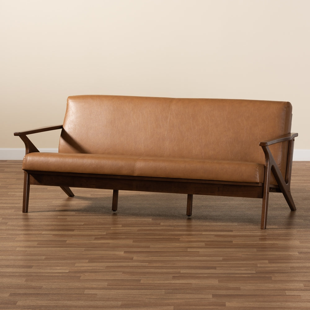 Baxton Studio Bianca Mid-Century Modern Walnut Brown Finished Wood And Tan Faux Leather Effect Sofa