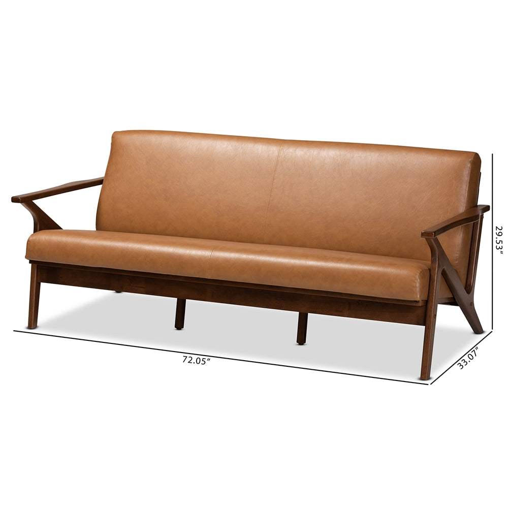 Baxton Studio Bianca Mid-Century Modern Walnut Brown Finished Wood And Tan Faux Leather Effect Sofa