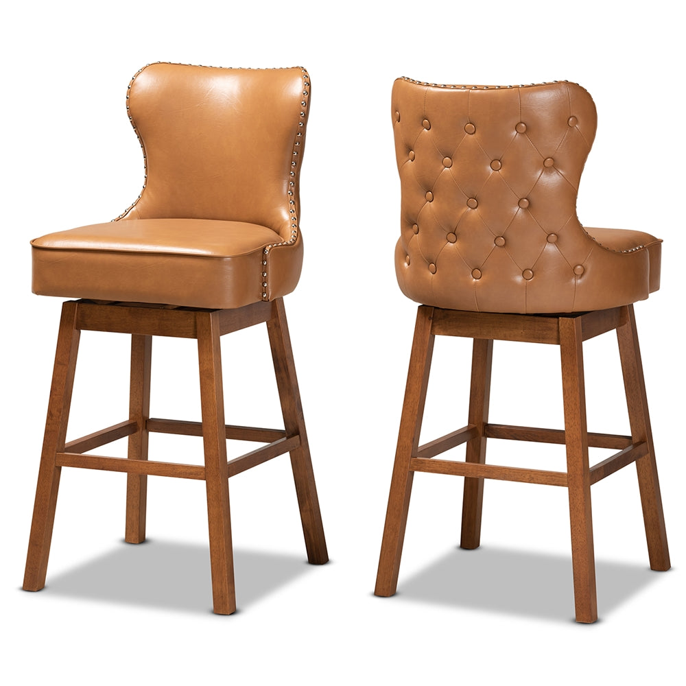 Baxton Studio Gradisca Modern and Contemporary Faux Leather Upholstered and Walnut Brown Finished Wood 2-Piece Swivel Bar Stool Set