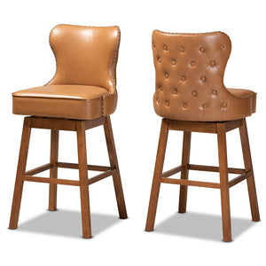 Baxton Studio Gradisca Modern And Contemporary Tan Faux Leather Upholstered And Walnut Brown Finished Wood 2-Piece Swivel Bar Stool Set