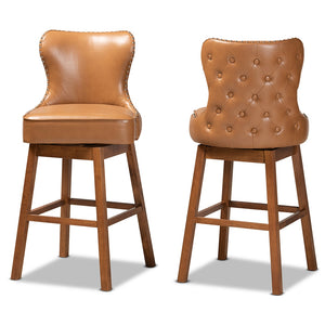 Baxton Studio Gradisca Modern And Contemporary Tan Faux Leather Upholstered And Walnut Brown Finished Wood 2-Piece Swivel Bar Stool Set