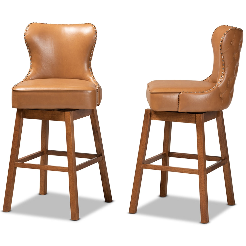 Baxton Studio Gradisca Modern And Contemporary Tan Faux Leather Upholstered And Walnut Brown Finished Wood 2-Piece Swivel Bar Stool Set