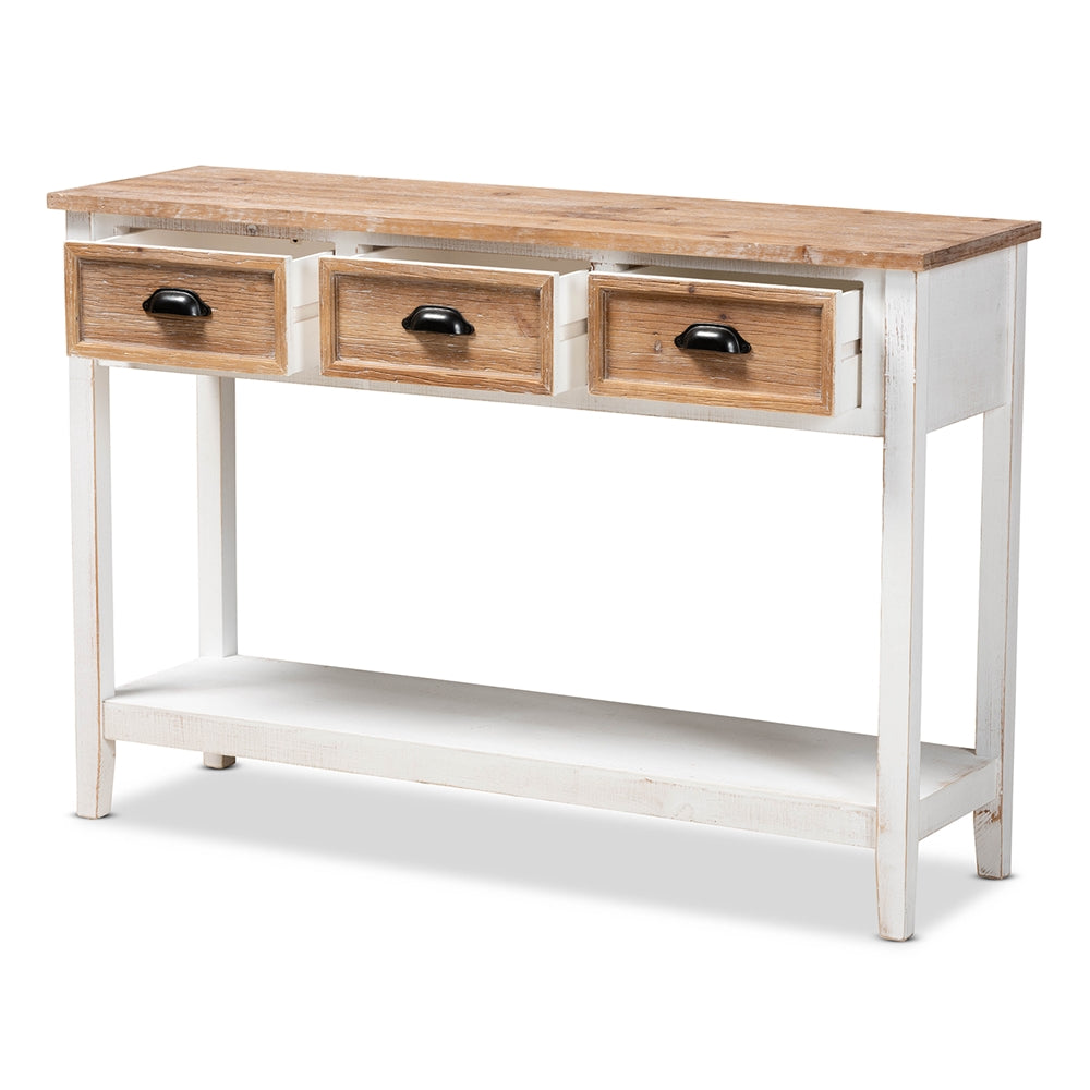 Baxton Studio Benedict Traditional Farmhouse And Rustic Two-Tone White And Oak Brown Finished Wood 3-Drawer Console Table