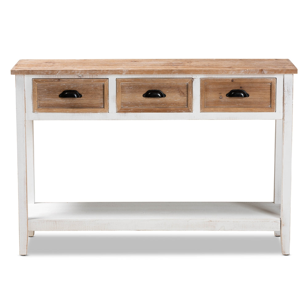 Baxton Studio Benedict Traditional Farmhouse And Rustic Two-Tone White And Oak Brown Finished Wood 3-Drawer Console Table