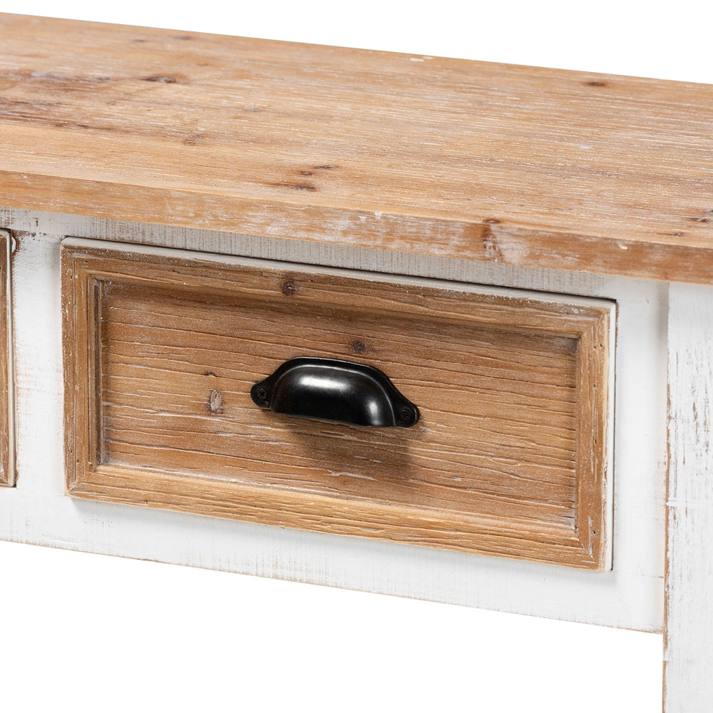 BAXTON STUDIO BENEDICT TRADITIONAL FARMHOUSE AND RUSTIC TWO-TONE WHITE AND OAK BROWN FINISHED WOOD 3-DRAWER CONSOLE TABLE