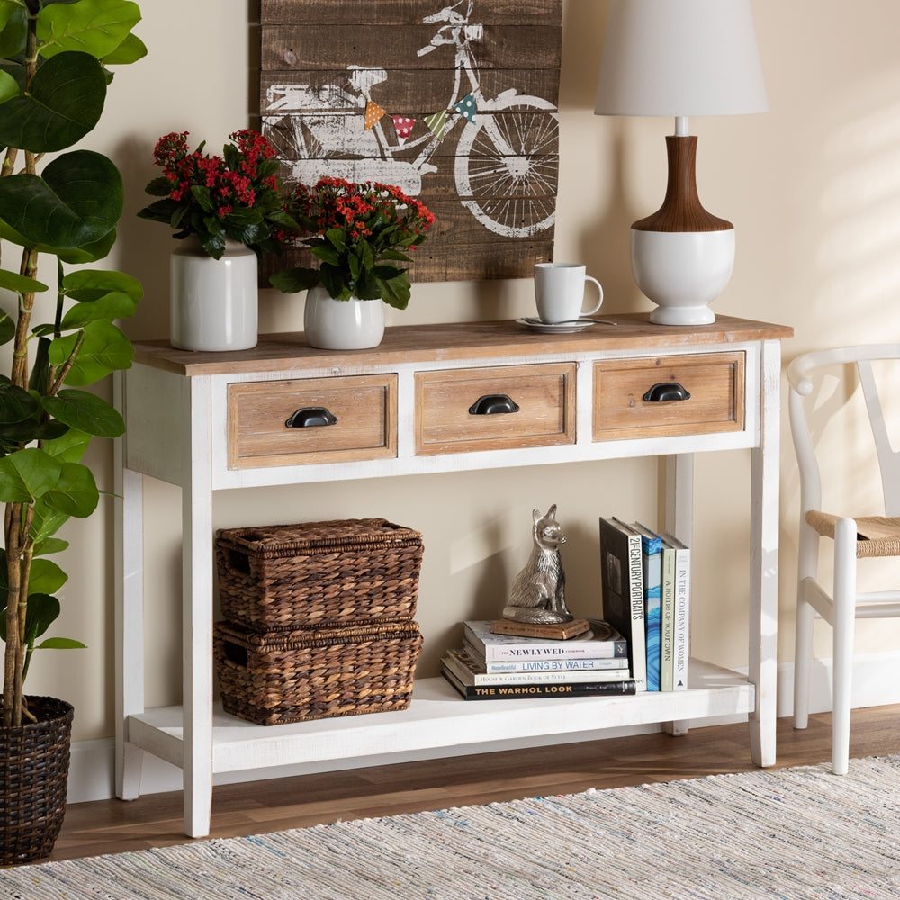 Baxton Studio Benedict Traditional Farmhouse And Rustic Two-Tone White And Oak Brown Finished Wood 3-Drawer Console Table