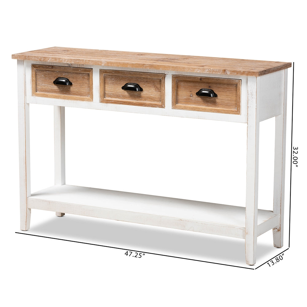 Baxton Studio Benedict Traditional Farmhouse And Rustic Two-Tone White And Oak Brown Finished Wood 3-Drawer Console Table