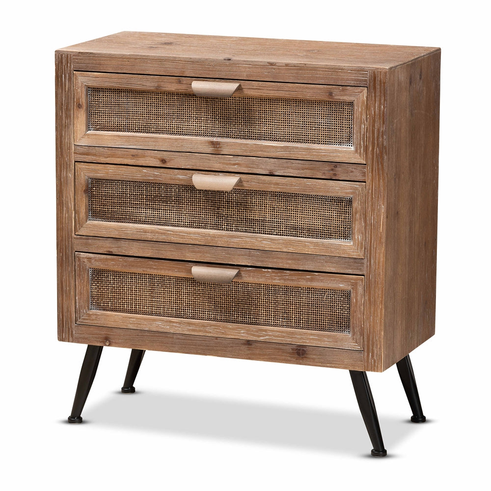 Baxton Studio Calida Mid-Century Modern Whitewashed Finished Wood and Rattan 3-Drawer Storage Cabinet