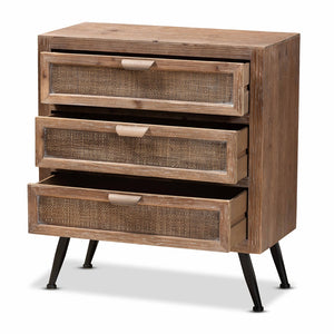 Baxton Studio Calida Mid-Century Modern Whitewashed Natural Brown Finished Wood And Rattan 3-Drawer Storage Cabinet