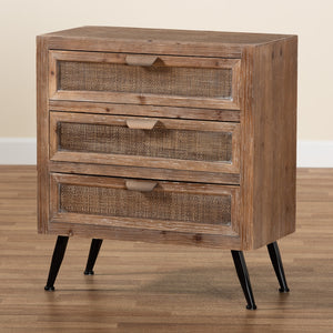 Baxton Studio Calida Mid-Century Modern Whitewashed Natural Brown Finished Wood And Rattan 3-Drawer Storage Cabinet