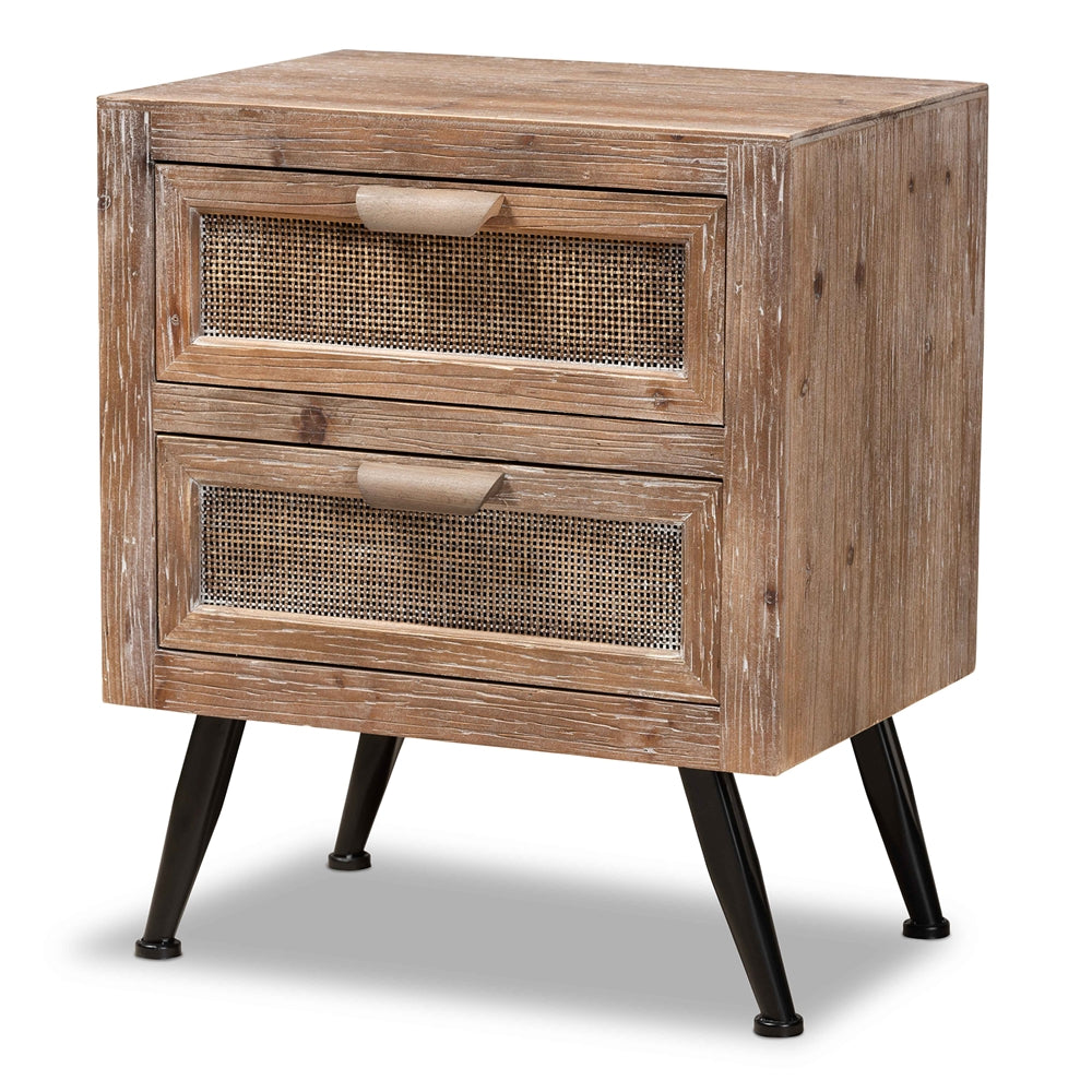 Baxton Studio Calida Mid-Century Modern Finished Wood and Rattan 2-Drawer Nightstand