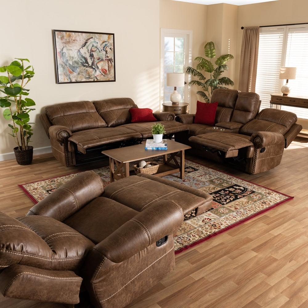 Baxton Studio Buckley Modern And Contemporary Light Brown Faux Leather Upholstered 3-Piece Reclining Living Room Set