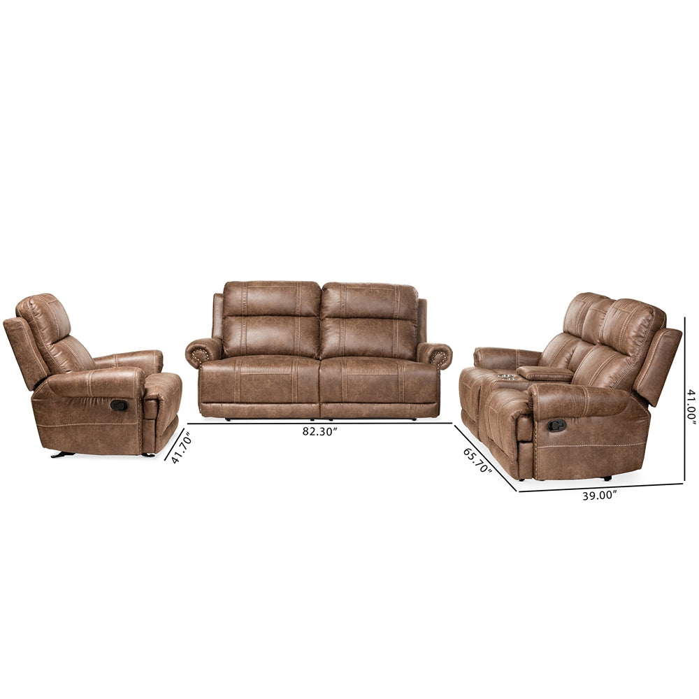 Baxton Studio Buckley Modern And Contemporary Light Brown Faux Leather Upholstered 3-Piece Reclining Living Room Set