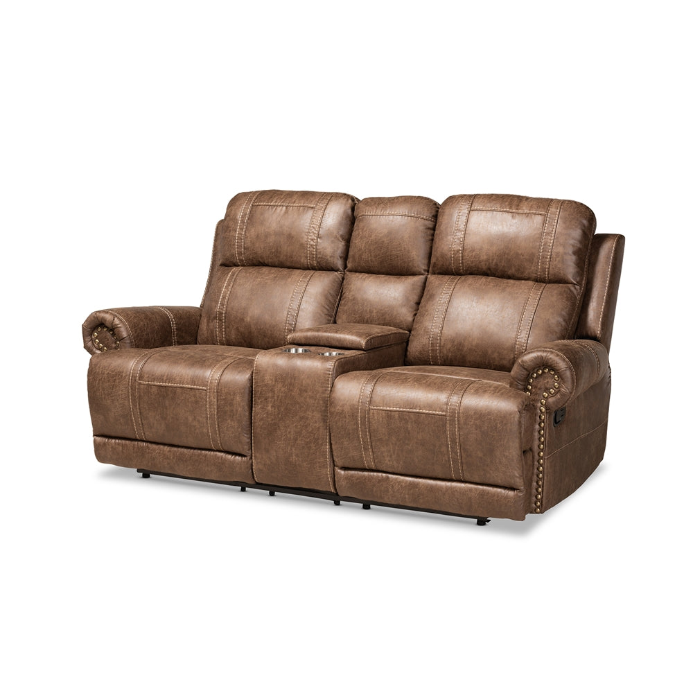 Baxton Studio Buckley Modern and Contemporary Faux Leather Upholstered 2-Seater Reclining Loveseat with Console