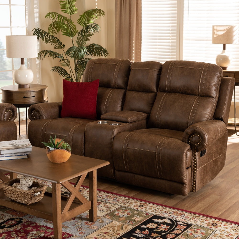 Baxton Studio Buckley Modern And Contemporary Light Brown Faux Leather Upholstered 2-Seater Reclining Loveseat With Console