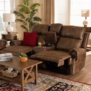 BAXTON STUDIO BUCKLEY MODERN AND CONTEMPORARY LIGHT BROWN FAUX LEATHER UPHOLSTERED 2-SEATER RECLINING LOVESEAT WITH CONSOLE