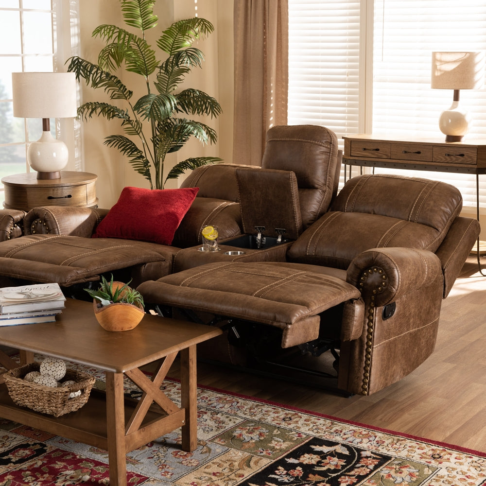 Baxton Studio Buckley Modern And Contemporary Light Brown Faux Leather Upholstered 2-Seater Reclining Loveseat With Console