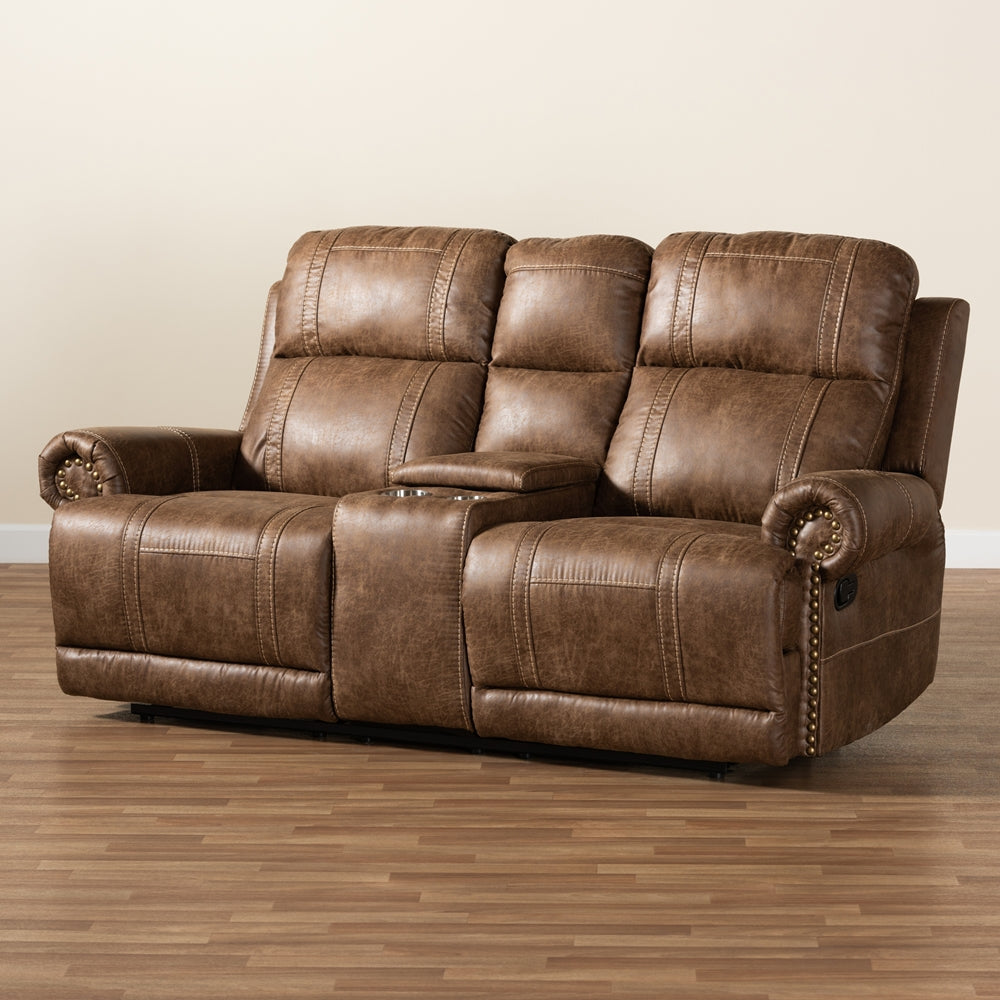 Baxton Studio Buckley Modern And Contemporary Light Brown Faux Leather Upholstered 2-Seater Reclining Loveseat With Console