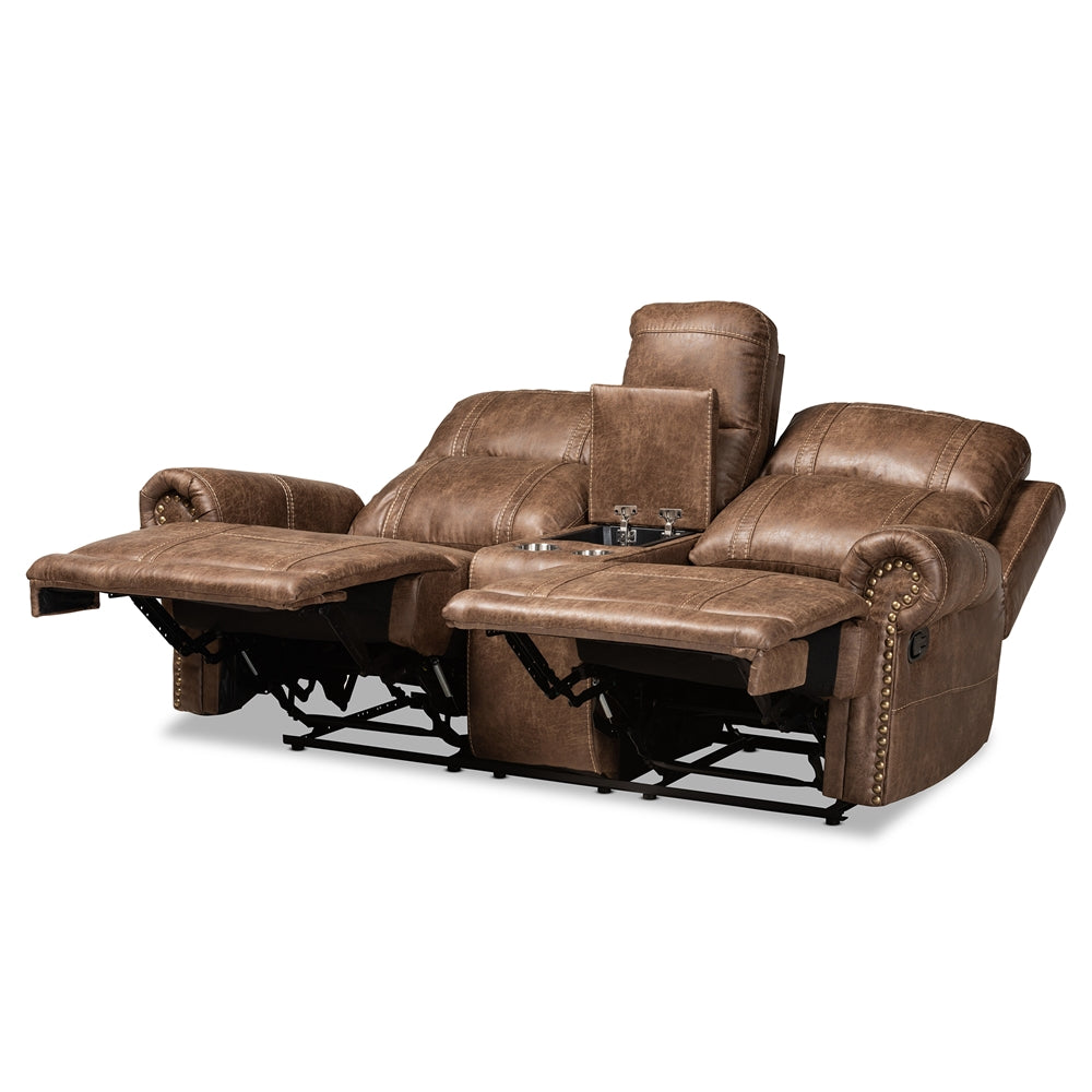 Baxton Studio Buckley Modern And Contemporary Light Brown Faux Leather Upholstered 2-Seater Reclining Loveseat With Console