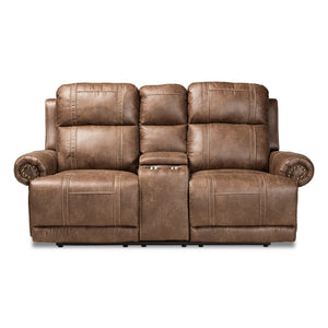 Baxton Studio Buckley Modern And Contemporary Light Brown Faux Leather Upholstered 2-Seater Reclining Loveseat With Console